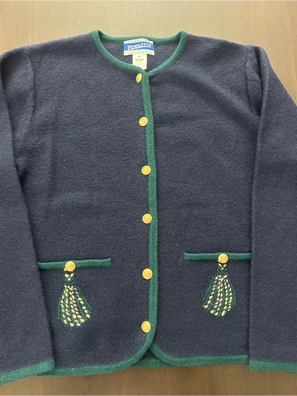 VTG 90s Pendleton Petite 100% Merino Wool Button Down Sweater Size S Navy/Green - Picture 2 of 8